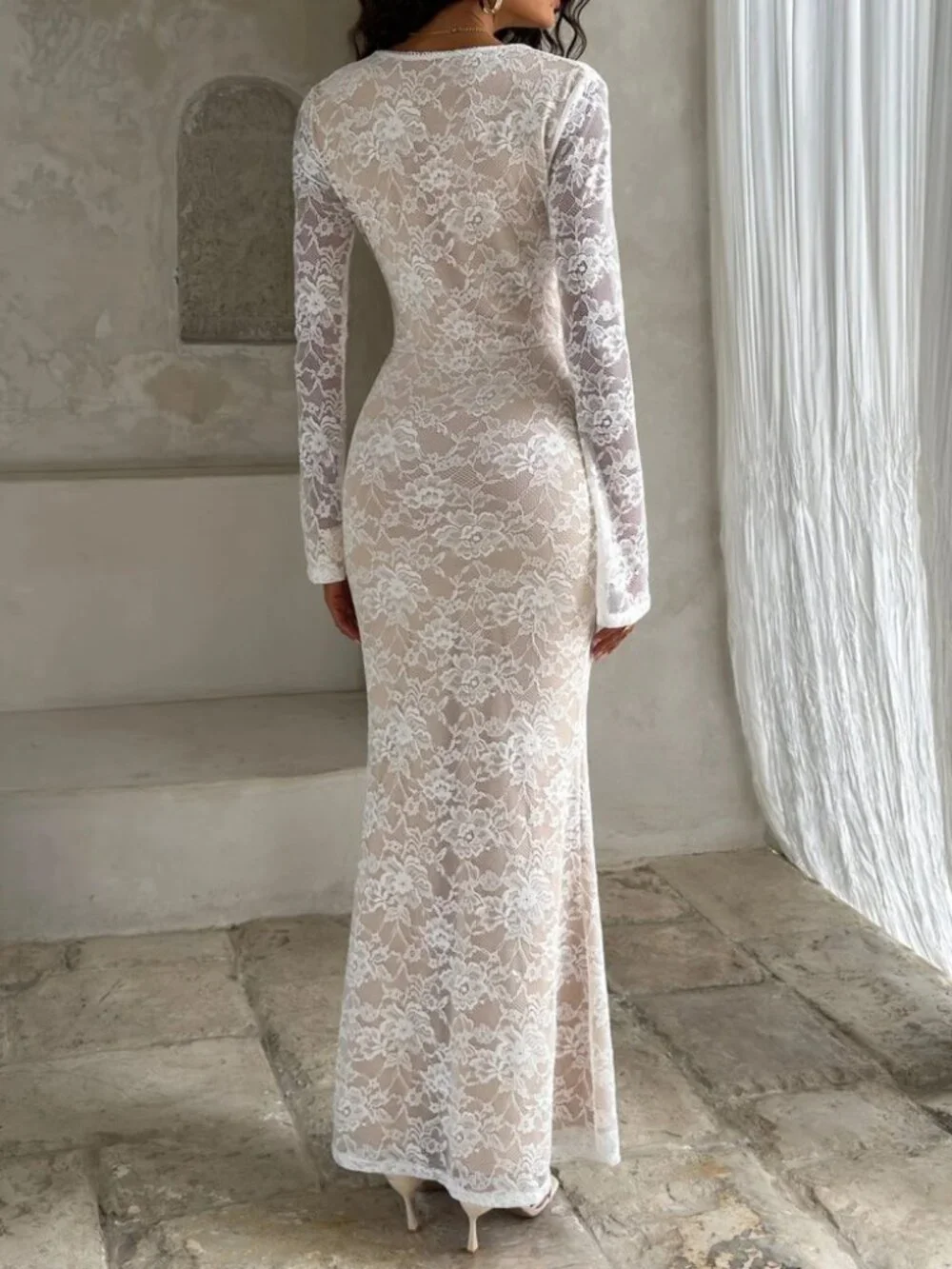 White Floral Lace Deep V-Neck Maxi Dress